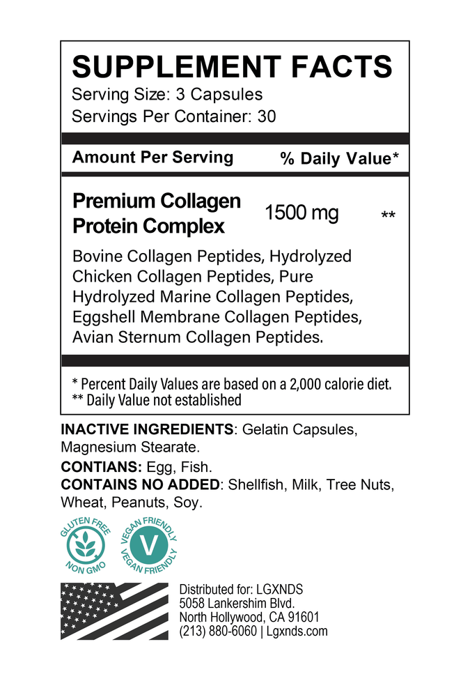 Supplement facts label for collagen protein complex capsules, detailing ingredients and dietary information.