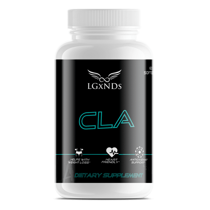 Bottle of LGxNDs CLA dietary supplement with health benefits.