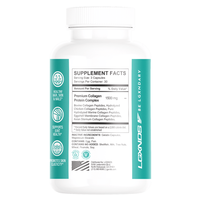 Collagen supplement bottle featuring detailed ingredient and benefit information.