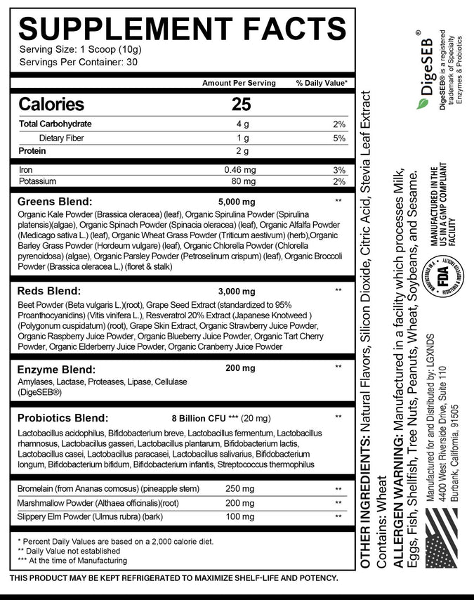 Supplement facts panel showing ingredients, nutritional information, and allergen warning.