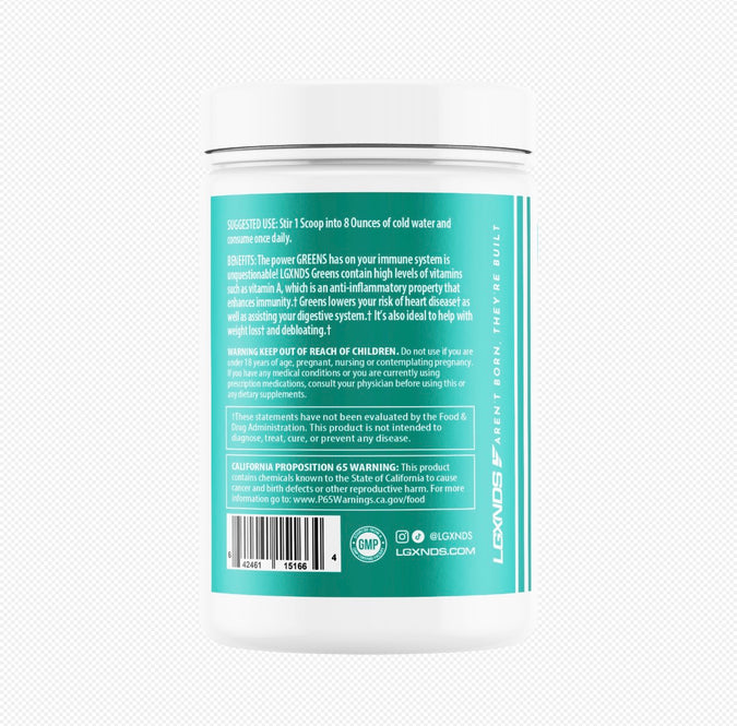 Container of LGXNDS greens supplement with usage instructions and health warnings on the label.