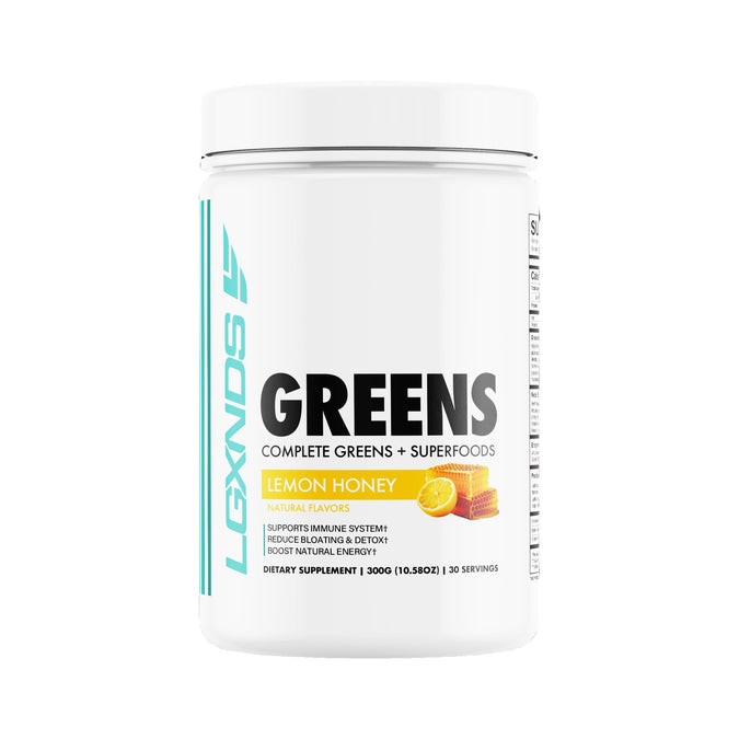 White container of greens supplement with lemon honey flavor.